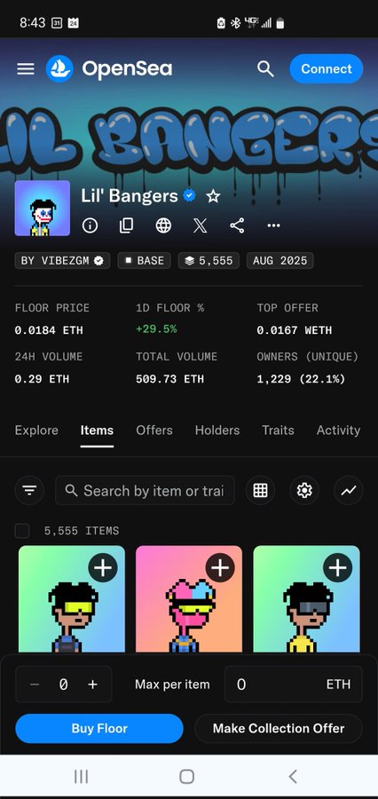 The image shows the OpenSea listing page for the "Lil' Bangers" NFT collection, displaying a floor price of 0.0184 ETH with a +29.5% 24-hour increase, 1,229 unique owners, and 5,555 total items on the BASE network, created by VIBEZGM. The visible pixel-art preview images of the bangers align with the post's praise of the collection's "pixel gorgeousness" and its status as a "base OG" NFT project.