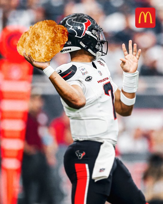 A composite image of a Houston Texans player (#7) in a white jersey and helmet holding up four fingers, edited to be holding a large McDonald's hash brown, with the McDonald's golden arches logo in the top right corner.