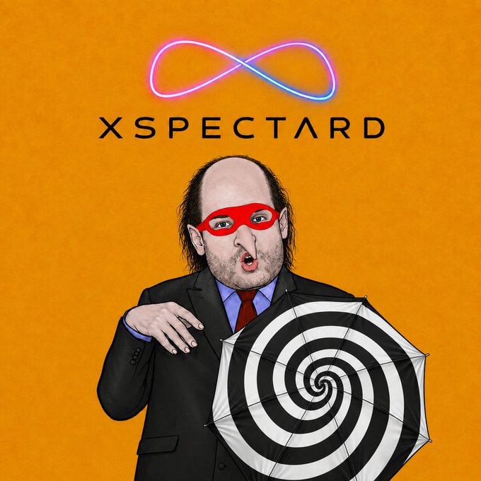 An album cover or promotional image titled 'XSPECTARD' featuring an illustrated man in a suit with a red domino mask holding a black and white spiral-patterned umbrella, set against an orange background with an infinity symbol logo.