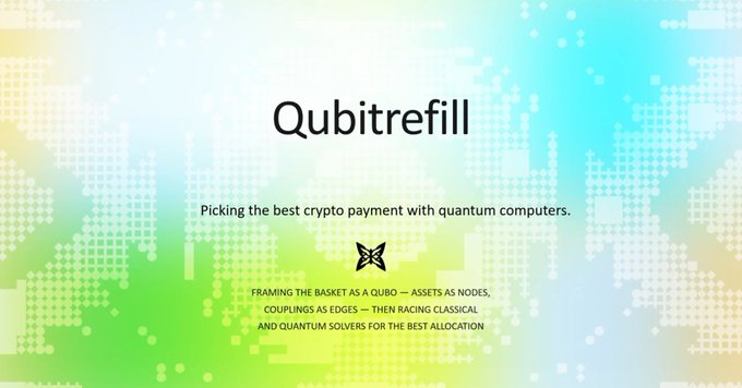 The image features a banner with a green, blue, white, and yellow background that says "qubitrefill" written in black text at the top of the screen. Below this, there are two lines of text providing information about the website or application. The first line reads "picking the best crypto payment with quantum computers", while the second line states "focus on what is in the image and how it relates to the post".