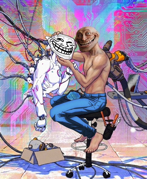 A shirtless figure with an exaggerated, grinning troll-like face sits on a rolling office chair while holding up a grinning troll mask, surrounded by a colorful cyberpunk circuit board background. A small cardboard box at their feet labeled with a "2" suggests packaging the troll meme for shipment, visually tying the absurd imagery to the $TROLL token.
