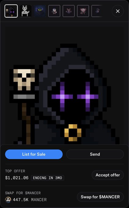 A mobile marketplace interface showing a pixel art Grim Reaper NFT listed for sale with a top offer of $1,021.06, swap option for 447.5K $MANCER, and ending in 3 months.