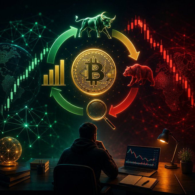 A digital illustration of a person at a computer desk with a large glowing Bitcoin coin overhead, flanked by a bull (green) and bear (red) representing market trends, with candlestick charts in the background.