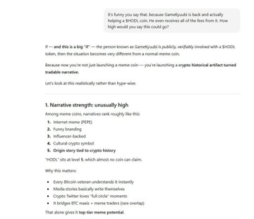 A blog post or article about the meme coin $SHODL, analyzing its 'narrative strength' and noting that GameFypGodz is helping a $HODL coin.
