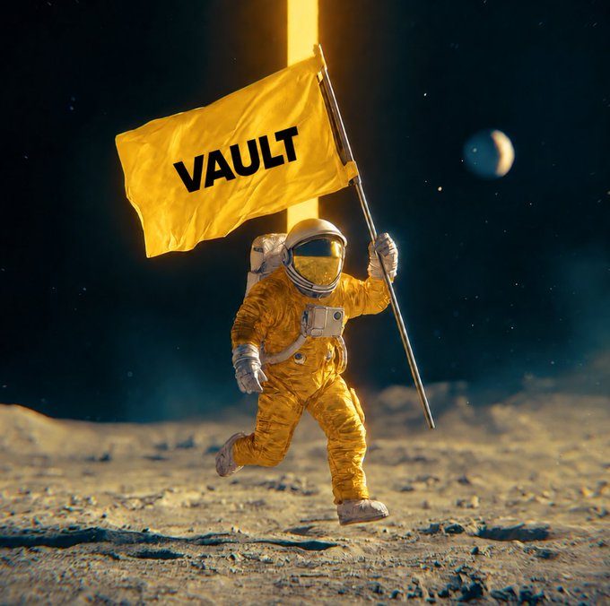 An astronaut in a yellow spacesuit plants a yellow flag reading 'VAULT' on a lunar-like surface, with Earth visible in the starry background.