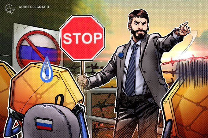 A Cointelegraph illustration shows a suited man holding a STOP sign and pointing, with a Russian flag helmet and NFT coin character in the foreground.