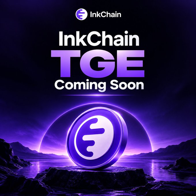 A promotional graphic announcing "InkChain TGE Coming Soon" with a stylized purple 'E' coin logo set against a dark purple cosmic landscape with mountains and water.