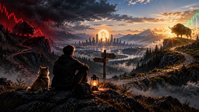 A dramatic digital artwork showing a man and a Shiba Inu dog sitting on a cliff edge looking toward a futuristic city with a glowing Bitcoin symbol in the center sky. The sky is split between a red bearish chart on the left and a green bullish chart on the right, with corresponding bear and bull silhouettes on opposite cliffs.