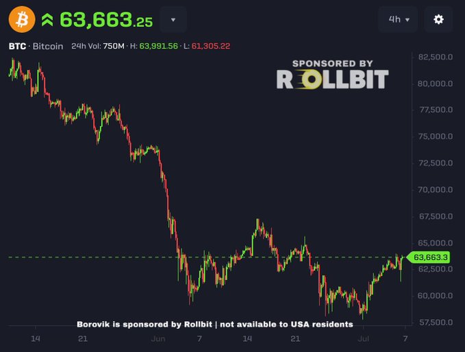 A Borovik Bitcoin price chart showing BTC at $63,663.25 with a significant downtrend from around $82,500 to the $57,500-$67,500 range, sponsored by Rollbit.