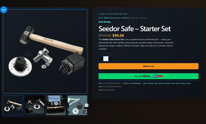 An e-commerce product page displaying the 'Seedor Safe — Starter Set' (Bitcoin seed backup) priced at $150.00, discounted to $99.00, with options to add to cart or pay with brick or Visa.