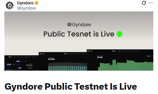 The image shows a tweet from Gyndore (@Gyndore) announcing that their "Public Testnet is Live," featuring a graphic with the Gyndore logo, the announcement text, and screenshots of their DeFi dashboard displaying $5.4M in metrics with green and blue bar charts. This directly corresponds to the post's caption, which highlights Gyndore's official launch of their Public Testnet for a free airdrop opportunity, allowing users to test their DeFi features including Swaps, Liquidity, and Staking at no cost.