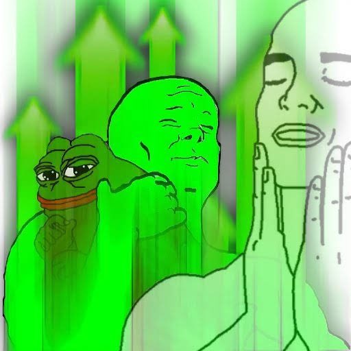 A digitally drawn image featuring Pepe the Frog embracing a green-tinted figure with upturned green arrows rising in the background.