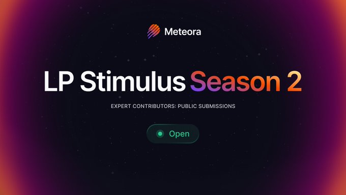 A promotional banner for Meteora's 'LP Stimulus Season 2' event, indicating it is open for expert contributor public submissions, with a green 'Open' status button displayed on a dark purple background.