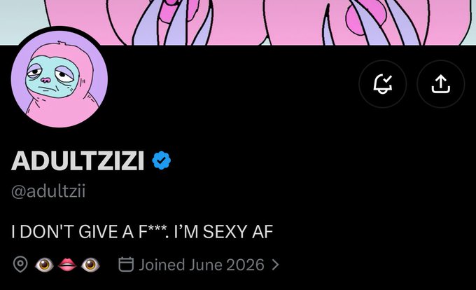 A Twitter/X profile page for @adultzii, whose display name is "ADULTZII" with a verified checkmark, features a cartoon avatar of a pink-hooded character with a sad expression, and includes the bio "I DON'T GIVE A F***. I'M SEXY AF." The profile, which was joined in June 2026, appears to be promoting an NFT mint (690 NFTs on Ethereum) shared alongside another drop from @scriptkiddiesRH.