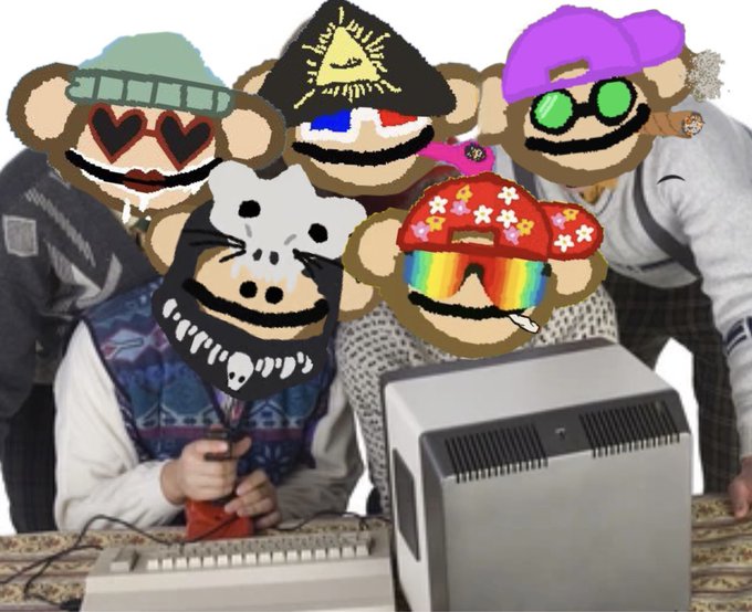 Five people gathered around an old CRT computer monitor with cartoon monkey emojis (various designs) covering their faces, set against a white background in a meme-style image.