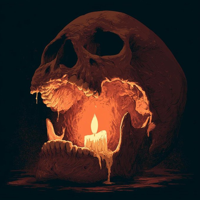A dark, macabre illustration depicts a cracked-open skull with a glowing candle burning inside, with melted wax dripping from the jaw and candle, evoking an eerie, haunting atmosphere fitting for a "good night" farewell message posted alongside a Polymarket tweet.