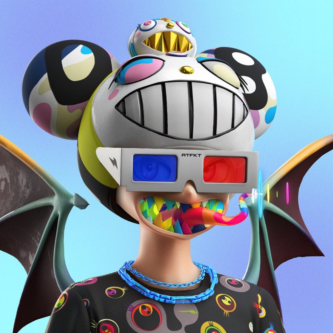 A 3D digital artwork featuring a character wearing a colorful cartoonish mouse-like hat, 3D glasses labeled 'RTFKT', rainbow teeth, and a black shirt with logos.