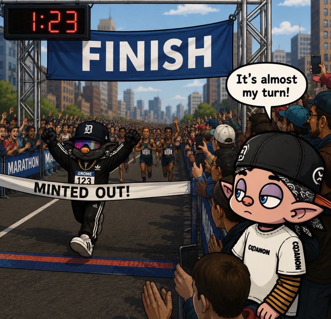 A cartoon scene at a marathon finish line features a character in a Detroit Tigers outfit crossing with the banner 'MINTED OUT!' while a character in a 'COZANON' shirt says, 'It's almost my turn!'