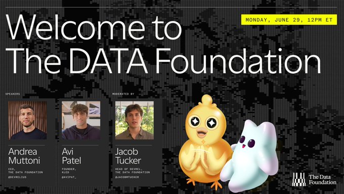The image is a promotional graphic announcing "The DATA Foundation" event, scheduled for Monday, June 29 at 12PM ET, featuring speakers Andrea Muttoni (CEO of The Data Foundation, @devrelius) and Avi Patel (Founder & RA, @avpat_), moderated by Jacob Tucker (Head of Development at The Data Foundation, @jacobrtucker). The graphic showcases the network's new branding with a golden chick and white ghost mascot, reflecting the post's announcement of Story Network rebranding to the DATA Network to focus on AI-native infrastructure.