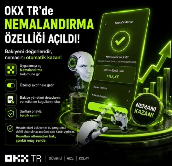 A Turkish promotional graphic for OKX TR announcing a 'NEMALANDIRMA' feature, featuring a green-themed phone interface and robotic elements with the text 'NEMANI KAZAN!'.