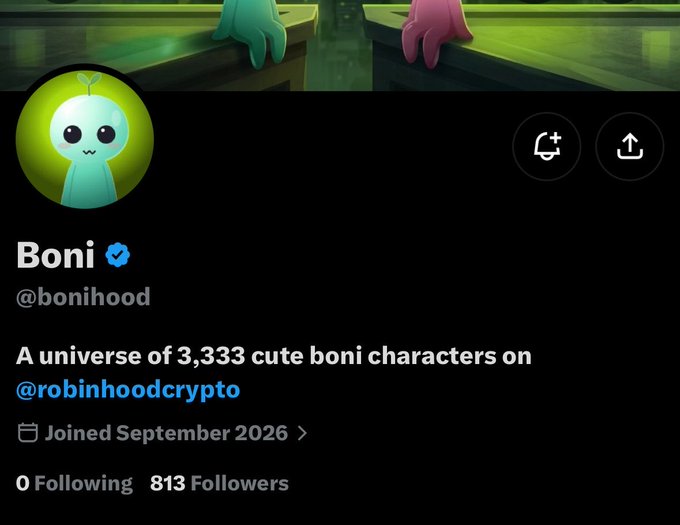 A profile page for 'Boni' (@bonihood), described as 'A universe of 3,333 cute boni characters on @robinhoodcrypto'.