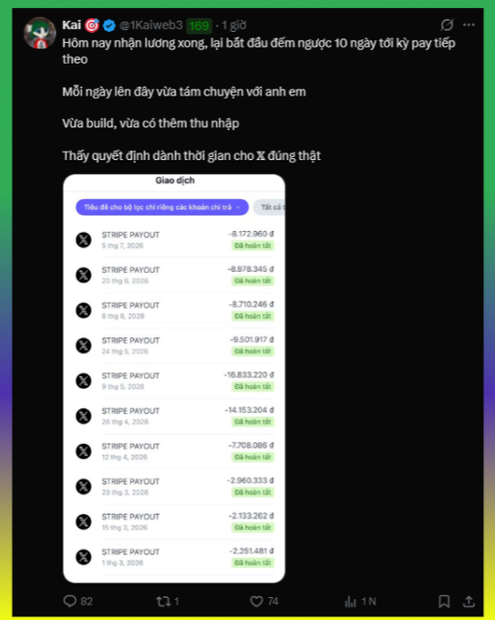 The image shows a tweet from user "Kai" (@1Kaiweb3) posting about a Pay X withdrawal of 169.0, accompanied by a screenshot of multiple Stripe payout transactions ranging from approximately -2.2M to -16.8M VND, dated between May 6-28, 2026, supporting the claim of earning 15-30M VND monthly from Pay X.