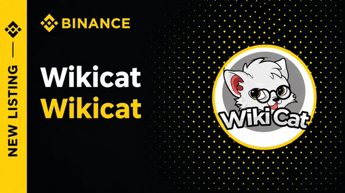 A Binance new listing announcement graphic featuring the "Wikicat" (WKC) logo with a cartoon cat mascot, displayed against a black and yellow dotted background with "NEW LISTING" labeled on the side. The image promotes a campaign to get Wikicat ($WKC) listed on Binance by asking supporters to like, repost, and comment with the ticker.