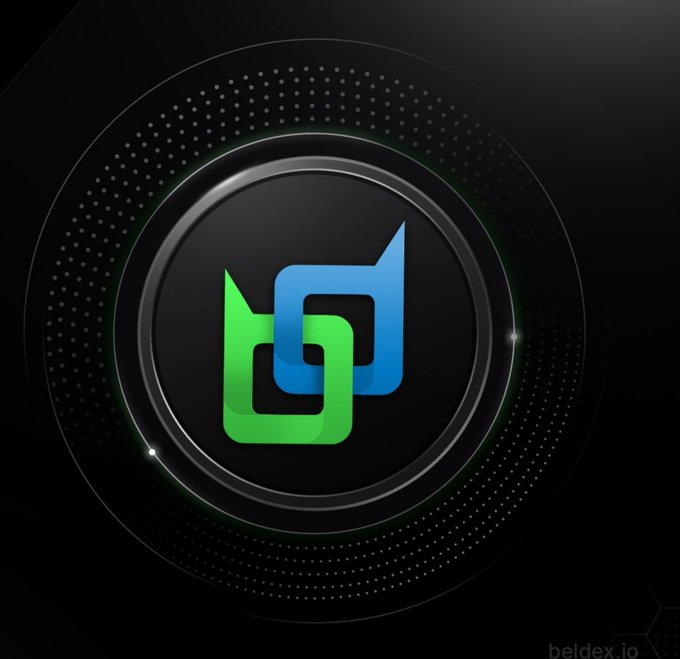 Beldex cryptocurrency logo featuring an interconnected green and blue chain link symbol on a dark circular metallic badge with 'beldex.io' watermark.