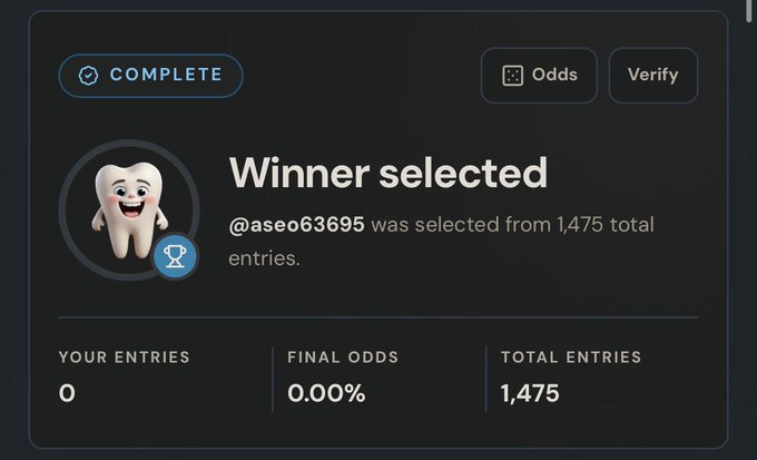 A winner selection screen from a giveaway or lottery platform showing '@aseo63695 was selected from 1,475 total entries', marked as 'COMPLETE', with the user's entries at 0, final odds of 0.00%, and total entries of 1,475.