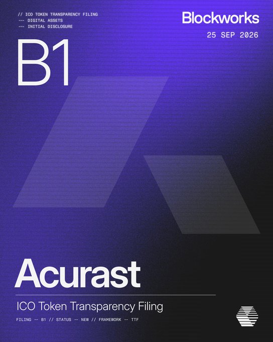 The image is a Blockworks ICO Token Transparency Filing cover sheet dated 25 SEP 2026, marked "B1" for "Acurast," listing its status as a new filing under the TTF framework. It relates to the post by documenting Acurast's early-stage regulatory disclosure progress with its $ACU token, which has been live since January 2026.
