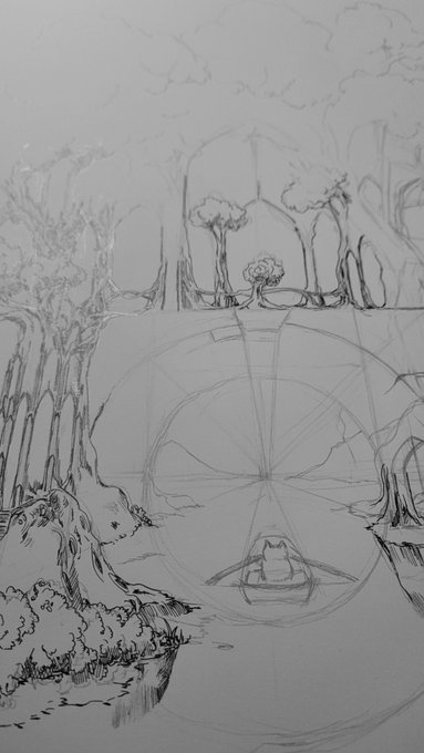 A pencil sketch in progress showing a landscape with trees and a large circular architectural or geometric design in the center.