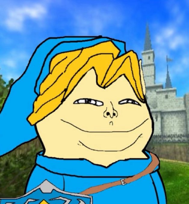 A cartoon character resembling Link from the Legend of Zelda with blonde hair and a blue hood, smiling with a smug expression against a backdrop of a castle.