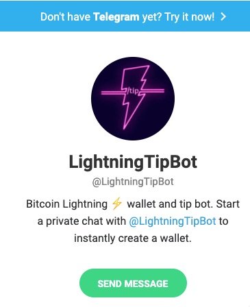 A screenshot of the LightningTipBot Telegram profile page (@LightningTipBot), describing it as a "Bitcoin Lightning wallet and tip bot" with a green "SEND MESSAGE" button. The image illustrates the bot that has onboarded over 40,000 people to the Lightning Network through its accessible chat-based wallet service.