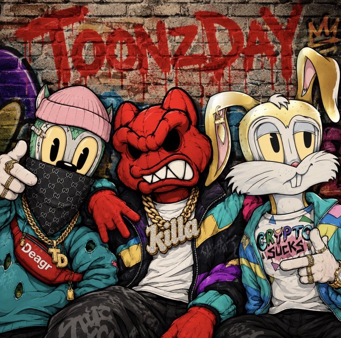 An illustration of three anthropomorphic characters wearing streetwear and gold chains, with the word 'TOONZDAY' written in red graffiti above them.