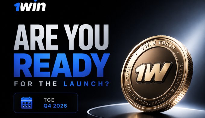 Promotional banner for 1win featuring a gold '1W' token labeled '1WIN TOKEN' with text 'ARE YOU READY FOR THE LAUNCH?' and 'TGE Q4 2026'.