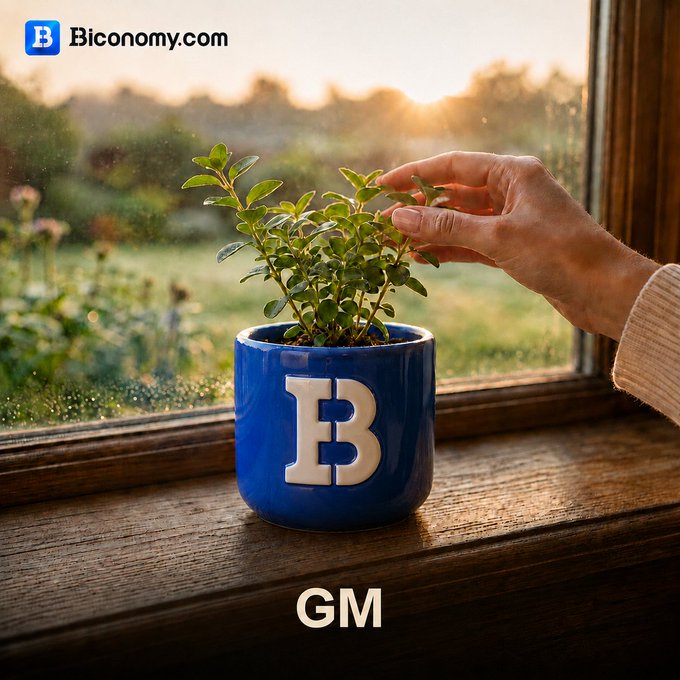 urn with a plant on a windowsill, accompanied by the text "GEM" and "BICONOMY.COM".
