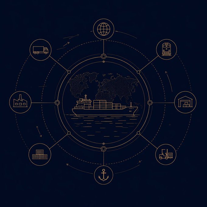 A dark navy infographic displays a central cargo ship sailing over stylized waves beneath a dotted world map, surrounded by a circular network of golden icons representing global trade infrastructure: a globe, train, warehouse, forklift, anchor, shipping containers, factory, and delivery truck, all connected by orbital lines and arrows. The image visually reinforces the post's message by illustrating how EthraShip tokenizes the interconnected maritime shipping ecosystem—linking ports, logistics, and industries—rather than just digitizing isolated financial assets.