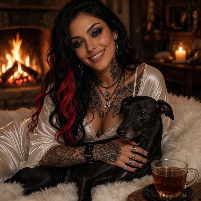 An AI-generated image of a smiling woman with black and red hair, wearing a white top and multiple necklaces including one with 'JM', embracing a black greyhound dog beside a fireplace.