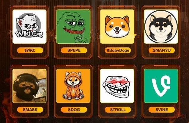 A grid of eight popular meme cryptocurrency token cards, including $WKC (Wiki Cat), $PEPE, #BabyDoge, $MANYU, $MASK, $DOG, $TROLL, and $VINE.