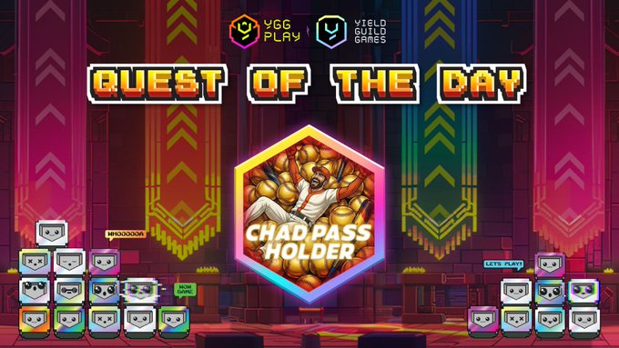 The image features a poster for a video game called "Quest of the Day" that is powered by the @Ygg_Play Today social media account. The poster includes a large hexagon with a cartoon character inside, which is the main focus of the advertisement. The text on the poster reads "Quest of the day" and "CHAD Pass Holder Objective - Enroll in the quest: app.yggplay.fun/quests/chad-pa ... - Jump into @GIGACHADBAT : gigachadbat.fun". The poster also mentions that completing quests will earn players points, which can be used to purchase a CHAD pass.