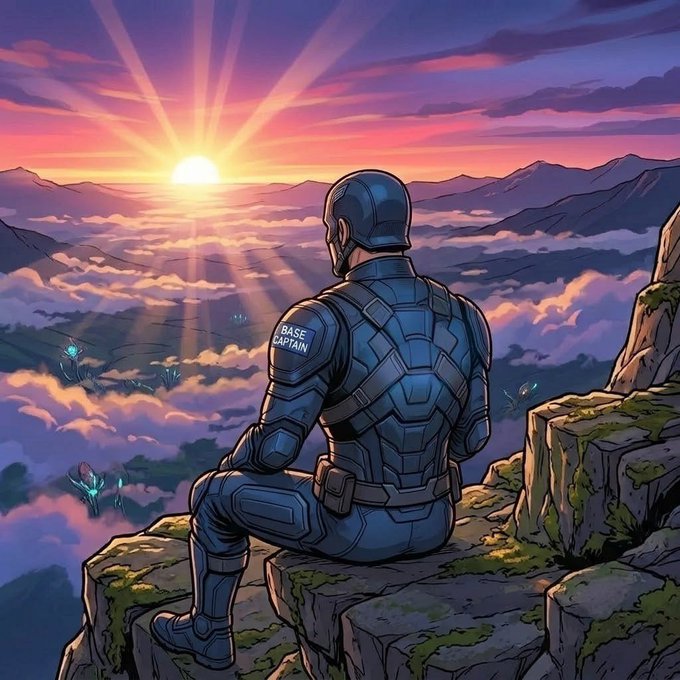 A digital illustration of an armored figure with "BASE CAPTAIN" on the back, sitting on a cliff and looking out at a sunrise over a mountainous, cloud-covered landscape.