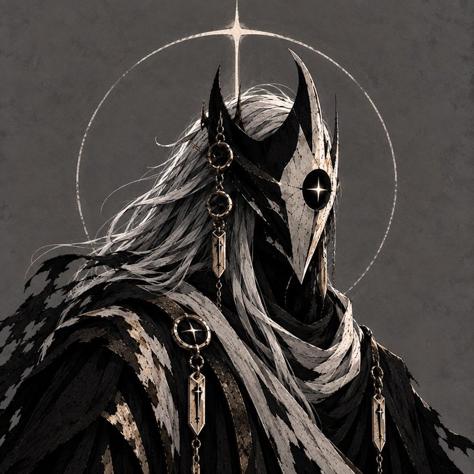 Dark fantasy illustration of a hooded figure with long white hair wearing an ornate black and gold mask/crown, with a glowing star halo behind them.