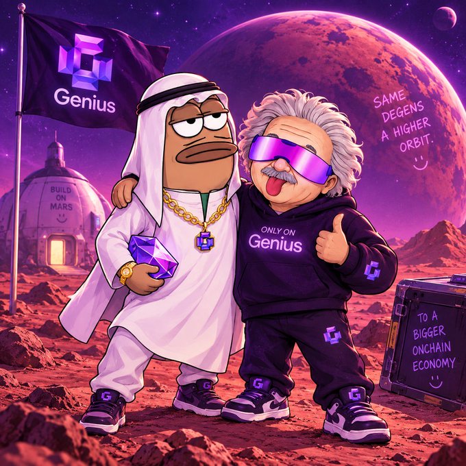 A cartoon-style illustration depicts two characters on a red Martian landscape beneath a large planet; one wears traditional Arab attire with a "Genius" flag, while the other sports an Einstein-like appearance with purple sunglasses and a "Genius" hoodie, alongside text reading "SAME DEGENS A HIGHER ORBIT" and "TO A BIGGER ONCHAIN ECONOMY."
