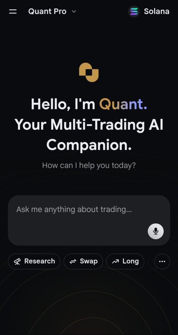 A dark-themed mobile screen for the "Quant Pro" AI on Solana, displaying the greeting "Hello, I'm Quant. Your Multi-Trading AI Companion." and a chat prompt reading "Ask me anything about trading…". Below are quick-action buttons for Research, Swap, and Long, the interface where the user posed their $1,000 BTC/ETH strategy question.
