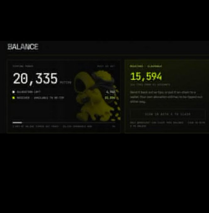 A dark screen showing a crypto dashboard labeled 'BALANCE' with a balance of '20,335' tokens, a staking balance of '15,594', and a 'Claim' button.