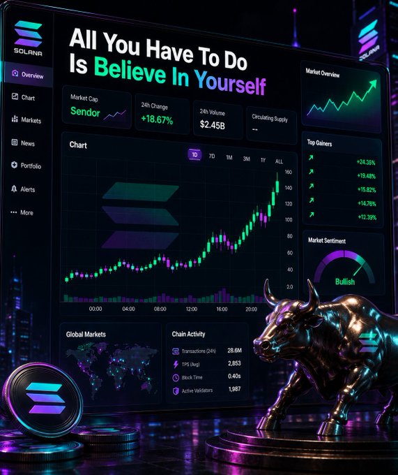 ersin logo on screen, "All You Have Is Believe In Yourself" banner, graph of market data with bull and bear symbols, round coins, and a city skyline in the background.