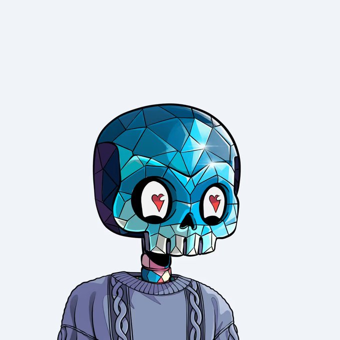 A cartoon character with a blue crystalline skull head featuring heart-shaped eyes, wearing a purple sweater.
