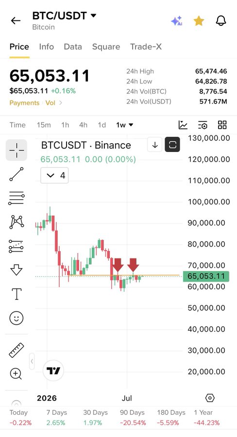 A TradingView chart of BTC/USDT shows Bitcoin at $65,053.11 with two red downward arrows marking potential short entry/exit points around the $65K level. The post references this chart as highlighting "the best entries and the exit" for a bearish trade, though the timeframe shows Bitcoin down 44.23% over the past year.