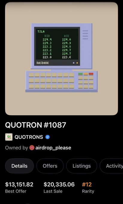 An NFT listing for QUOTRON #1087 shows a stock ticker display for TSLA, with best offer of $13,151.82, last sale $20,335.06, owned by airdrop_please.