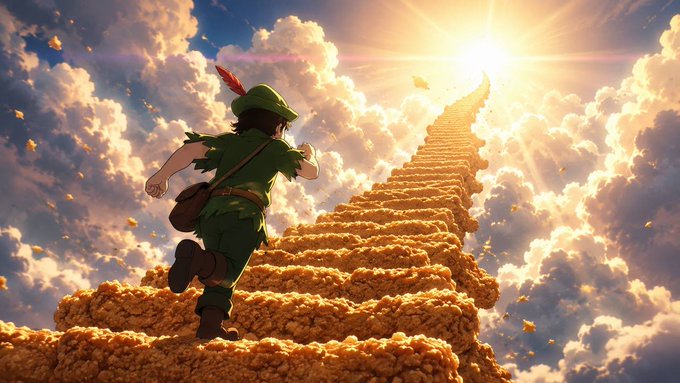 An animated Peter Pan-like character in a green outfit and feathered hat climbs a staircase made of popcorn extending into a bright, cloudy sky.